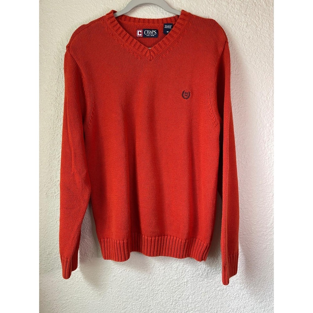 Vintage Y2K Chaps Mens Sweater Size M Orange V Neck Long Sleeve Knit‎ Pullover